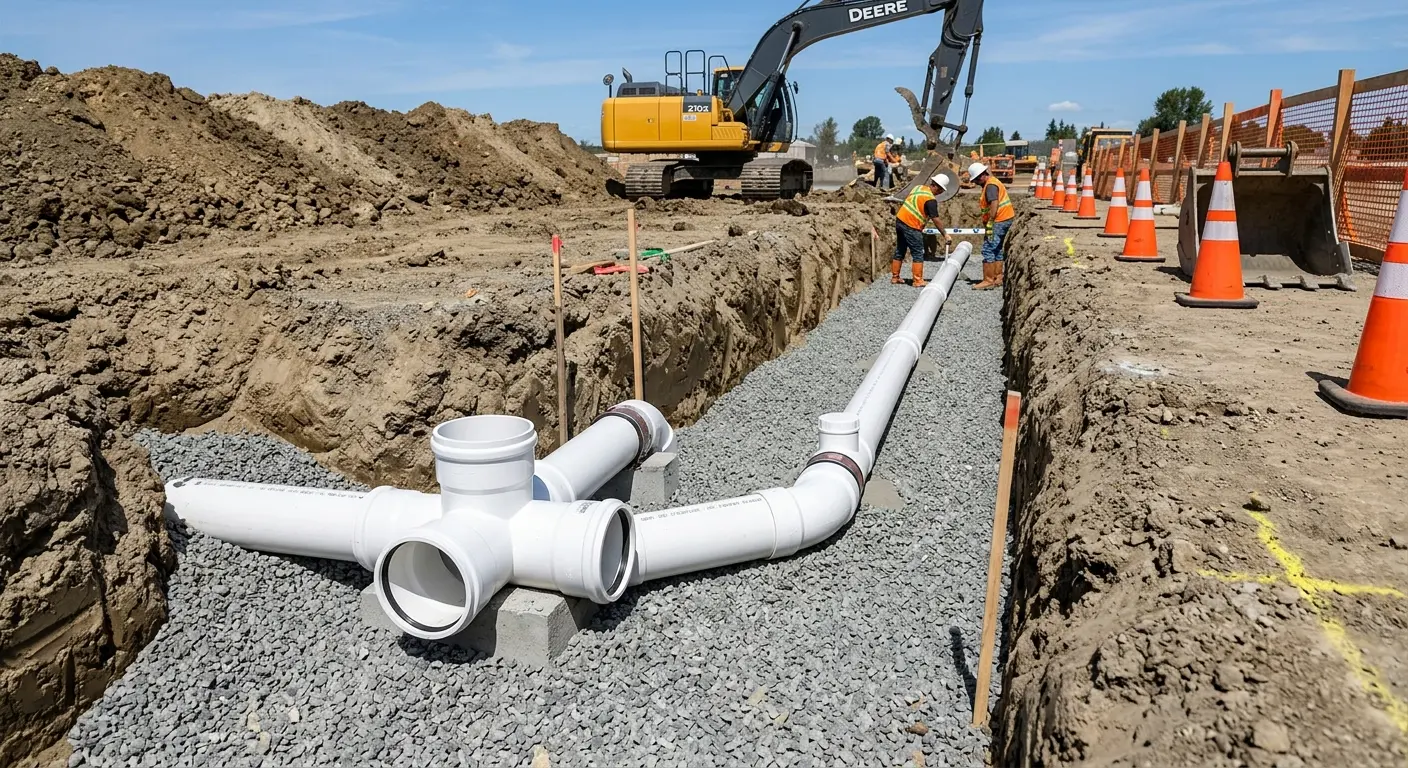 New PVC sewer pipe installation in open trench for Commercial Drain Cleaning in Bear