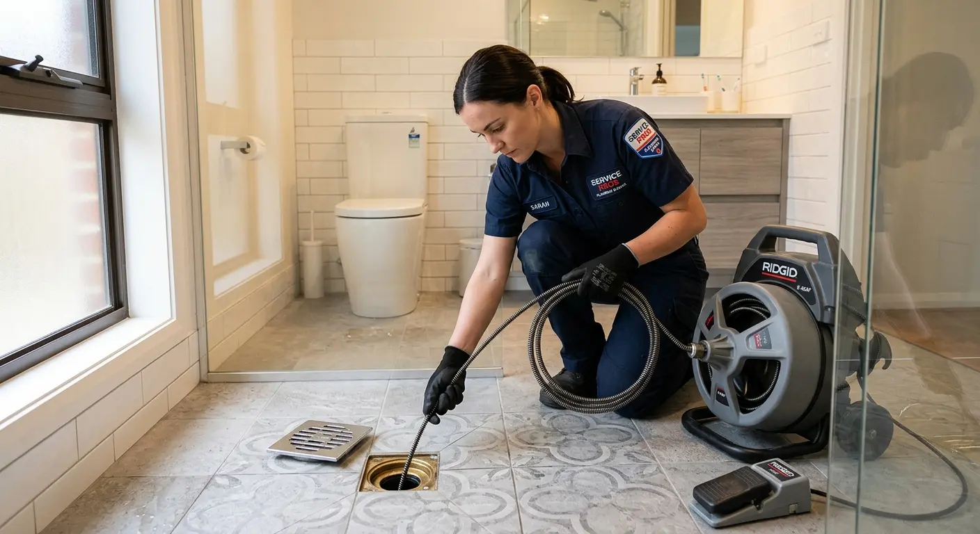 Technician clearing a bathroom floor drain for Sewer Line Replacement in Bear